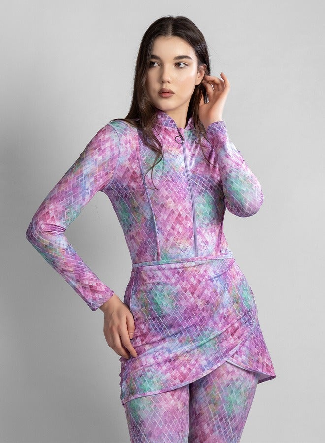 منيرفا سيكرت بريلّا - طقم بوركيني فاخر حصري من  قطع مع بلوزة أنيقة، بنطلون ضيق عالي الخصر، تنورة شاطئ أنيقة، ولباس سباحة أنيق - Image 4