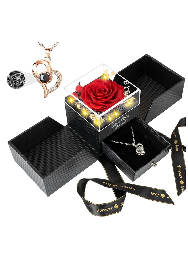 يوڠام هدية عيد ميلاد للنساء، علبة مجوهرات مع وردة محفوظة يدوية الصنع، قلادة "أحبك" بـ 100 لغة هدية للصديقة، الأم، الزوجة - Image 1