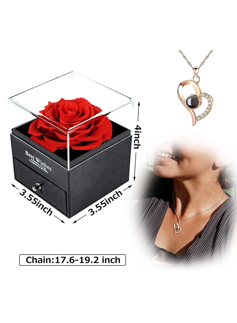 يوڠام هدية عيد ميلاد للنساء، علبة مجوهرات مع وردة محفوظة يدوية الصنع، قلادة "أحبك" بـ 100 لغة هدية للصديقة، الأم، الزوجة - Image 2
