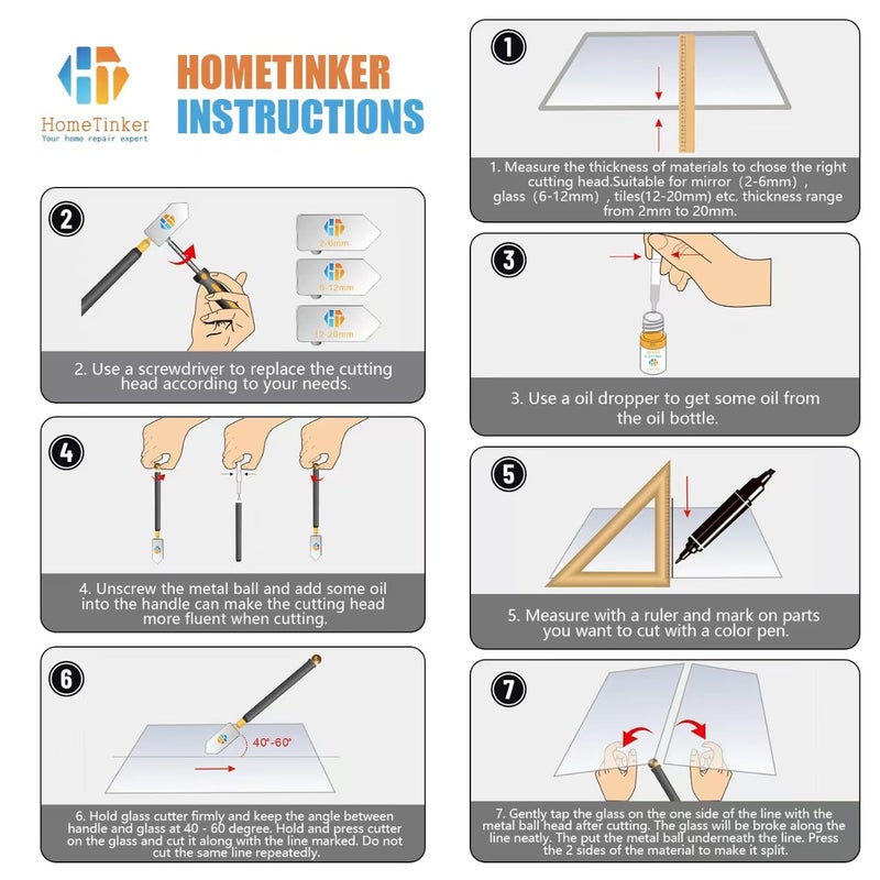 HT HOMETINKER Glass Cutter Tool with Automatic Oil Feed - 2mm-20mm, Ideal for Mirrors, Tiles, Mosaic - Image 2