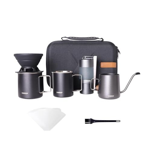 Vandroop Pour Over Coffee Maker Set, ALL in 1 Portable Set- Manual Coffee Grinder with Stainless Steel Conical Burr, Collapsible Silicone Coffee Dripper Set, Coffee Gooseneck Kettle - Image 1
