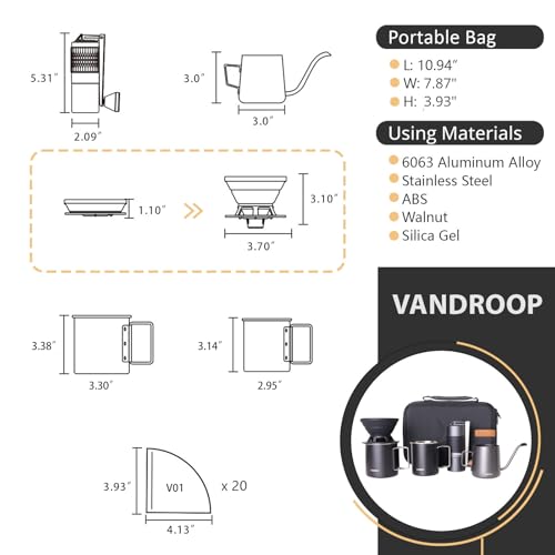 Vandroop Pour Over Coffee Maker Set, ALL in 1 Portable Set- Manual Coffee Grinder with Stainless Steel Conical Burr, Collapsible Silicone Coffee Dripper Set, Coffee Gooseneck Kettle - Image 4