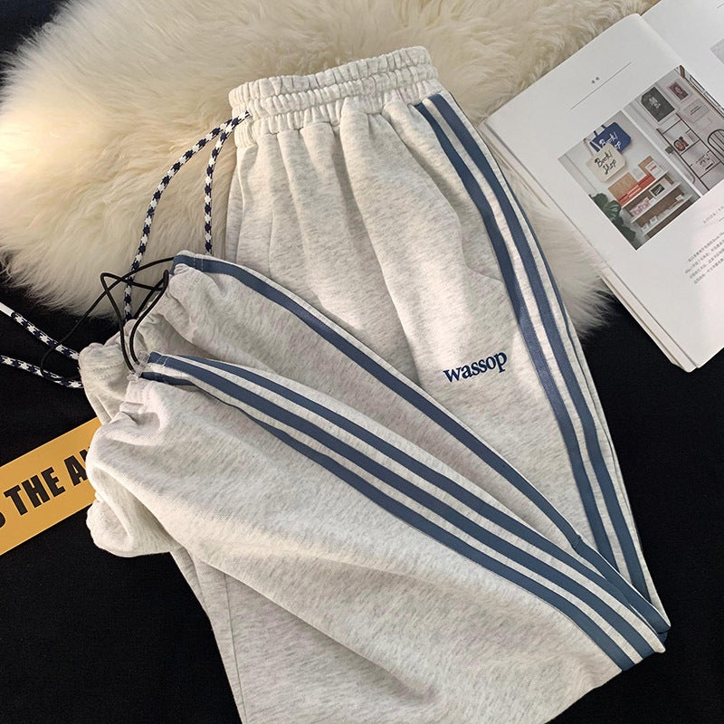 Vintage American Striped Joggers Men Oversized Drawstring Gray - Image 1
