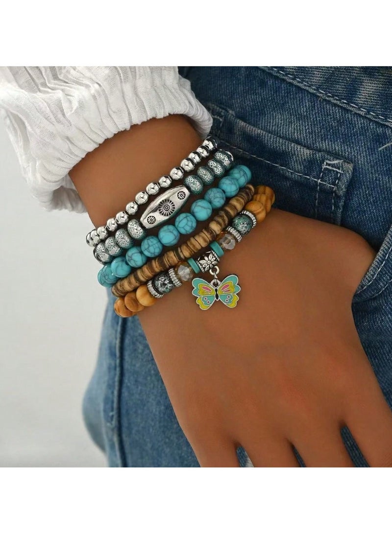 اكسسوار بحر اساور للبنات  مجموعه من 5 قطع  بتصميم خرز ملون و متنوع مع تعليقة فراشه لطيفه مناسبه لحفلات الصيف ، البحر ، الشاطي و للاستخدام االيومي - Image 1