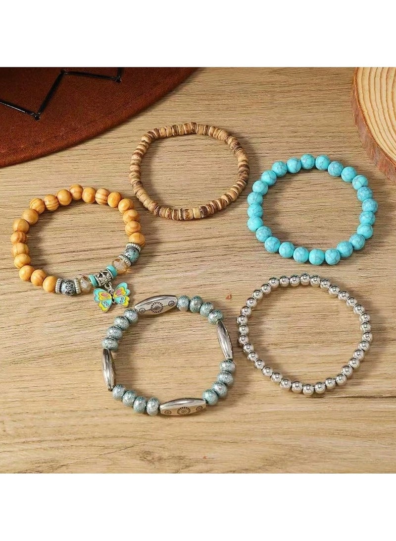 اكسسوار بحر اساور للبنات  مجموعه من 5 قطع  بتصميم خرز ملون و متنوع مع تعليقة فراشه لطيفه مناسبه لحفلات الصيف ، البحر ، الشاطي و للاستخدام االيومي - Image 4