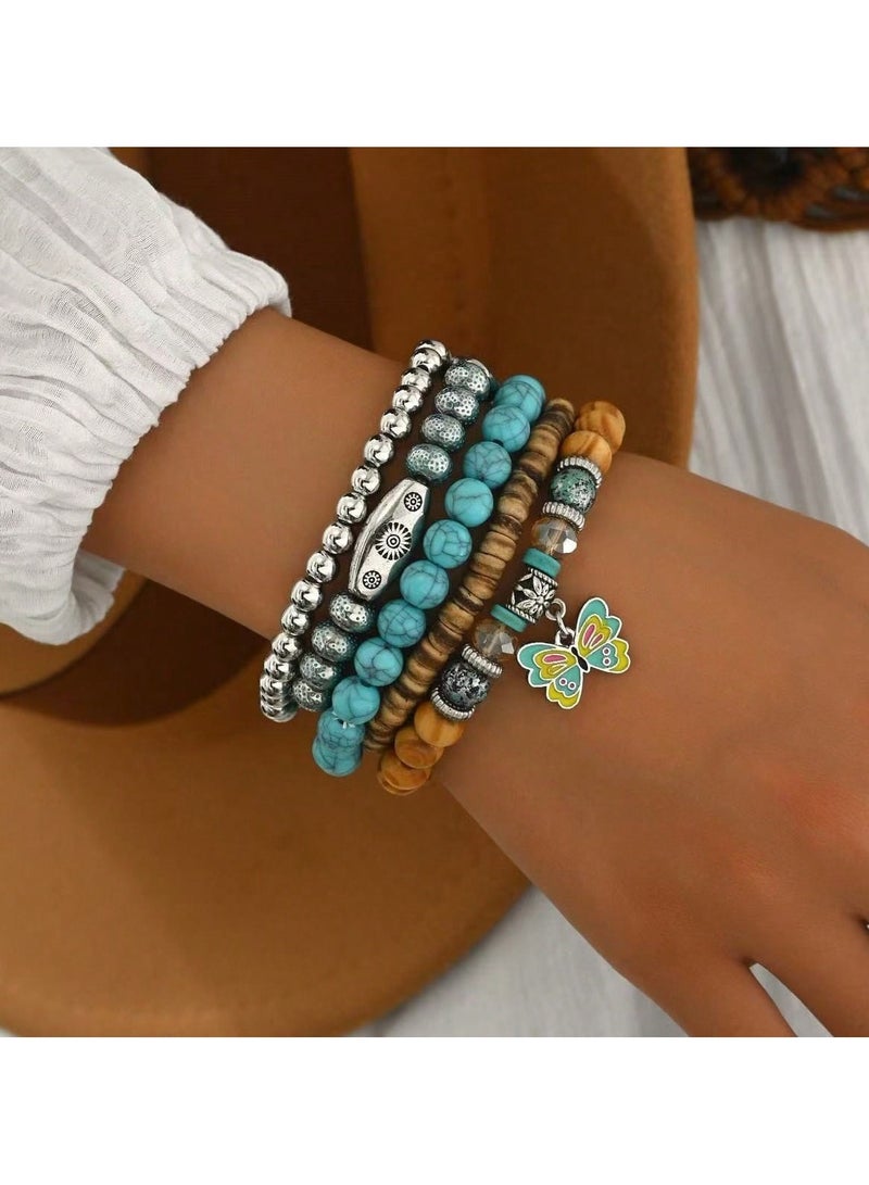 اكسسوار بحر اساور للبنات  مجموعه من 5 قطع  بتصميم خرز ملون و متنوع مع تعليقة فراشه لطيفه مناسبه لحفلات الصيف ، البحر ، الشاطي و للاستخدام االيومي - Image 3