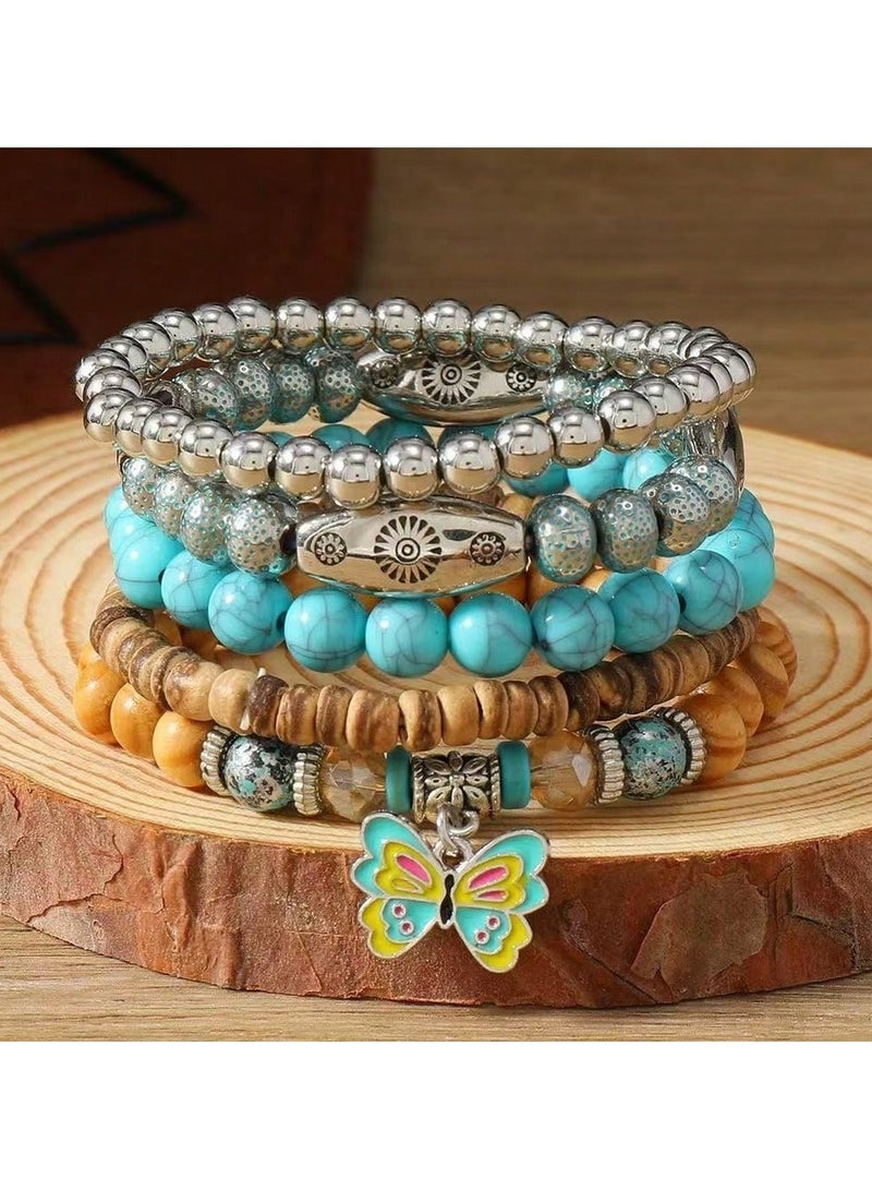 اكسسوار بحر اساور للبنات  مجموعه من 5 قطع  بتصميم خرز ملون و متنوع مع تعليقة فراشه لطيفه مناسبه لحفلات الصيف ، البحر ، الشاطي و للاستخدام االيومي - Image 2