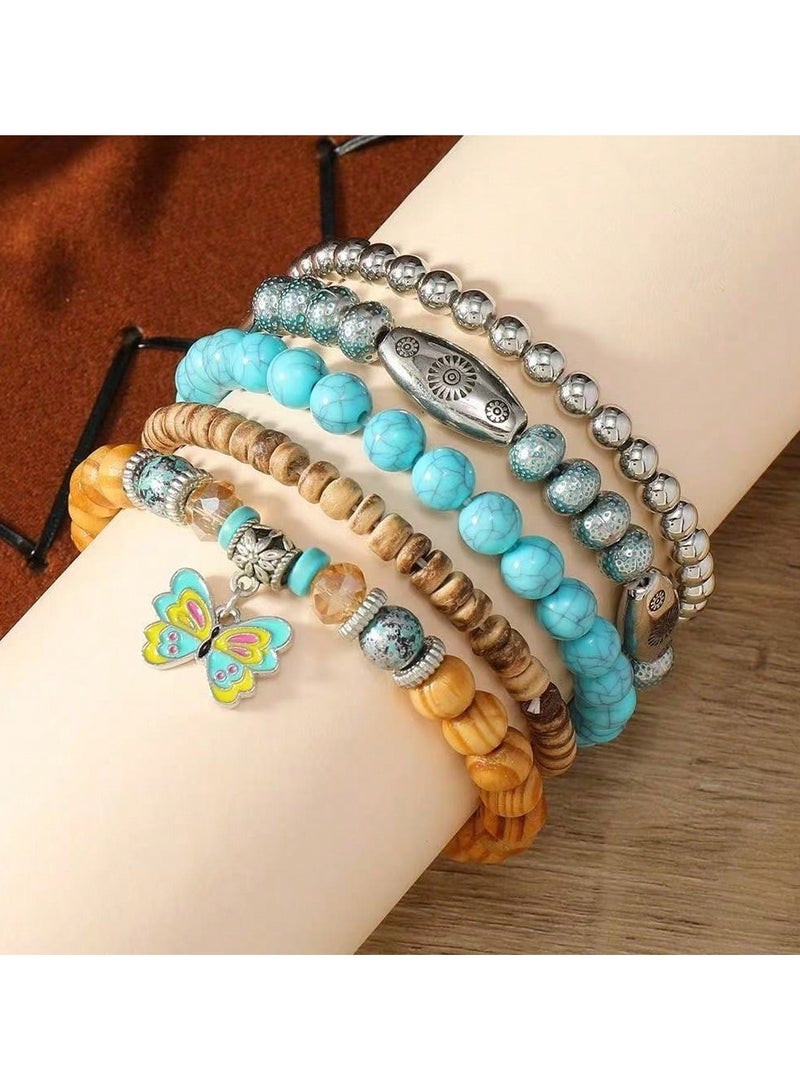 اكسسوار بحر اساور للبنات  مجموعه من 5 قطع  بتصميم خرز ملون و متنوع مع تعليقة فراشه لطيفه مناسبه لحفلات الصيف ، البحر ، الشاطي و للاستخدام االيومي - Image 5