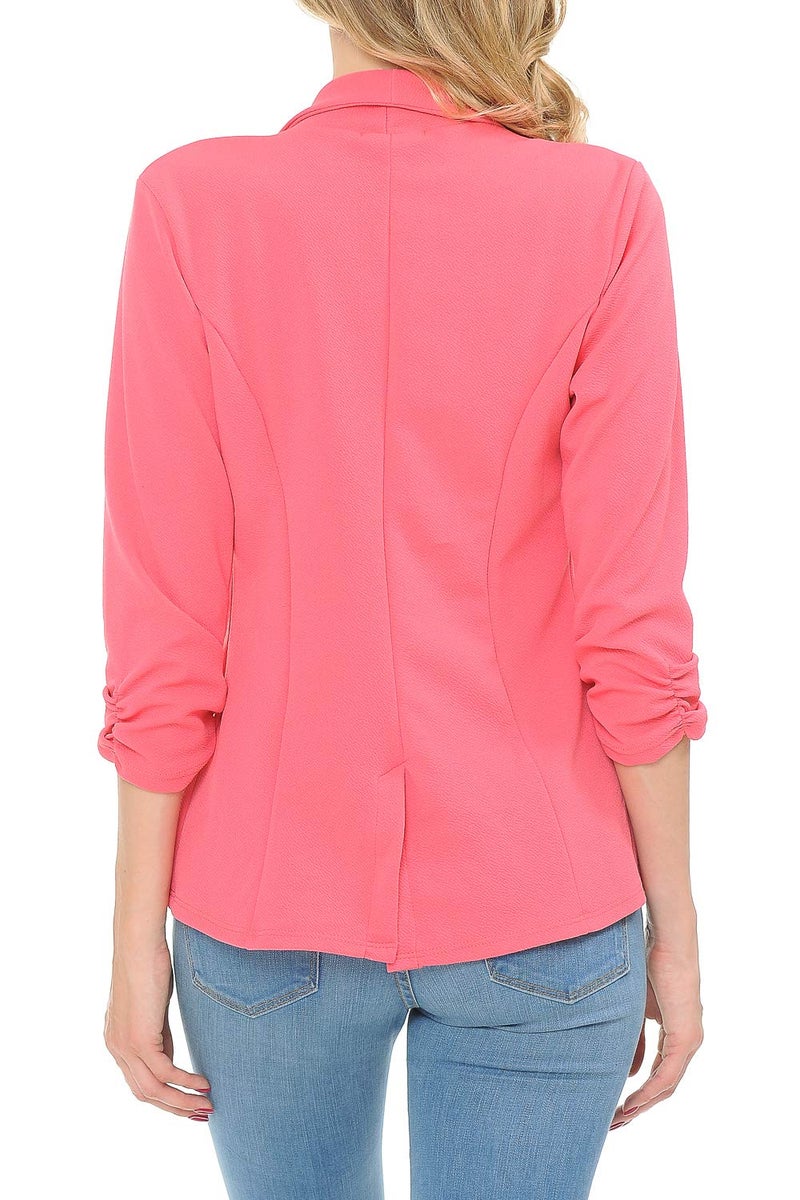 MINEFREE Women's 3/4 Ruched Sleeve Lightweight Work Office Blazer Jacket Coral L - Image 4