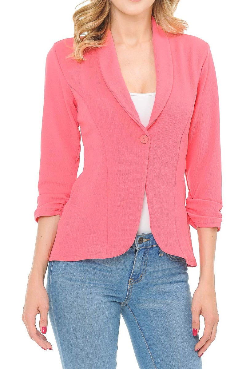 MINEFREE Women's 3/4 Ruched Sleeve Lightweight Work Office Blazer Jacket Coral L - Image 2