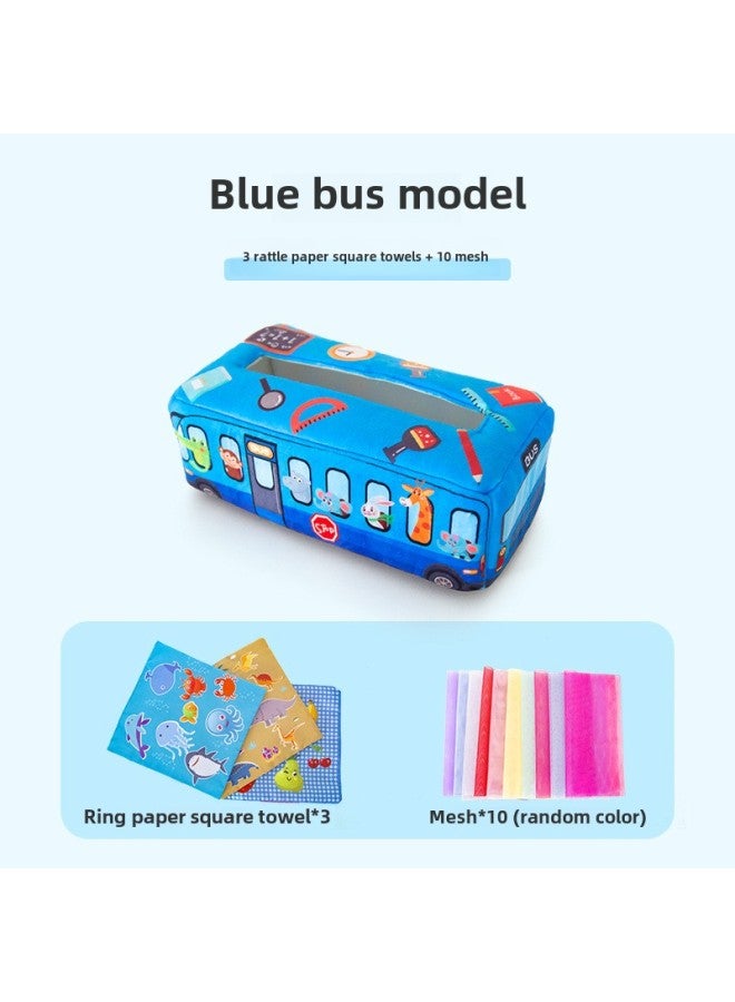 Baby's Tear Tissue Box Paper Tipping Toy Baby Learning Finger Paper Tipping Exercise Soothing Early Education Cloth Book-Color:Blue Bus Model +3 Ringing Paper Square Towel +10 Gauze Towel - Image 1