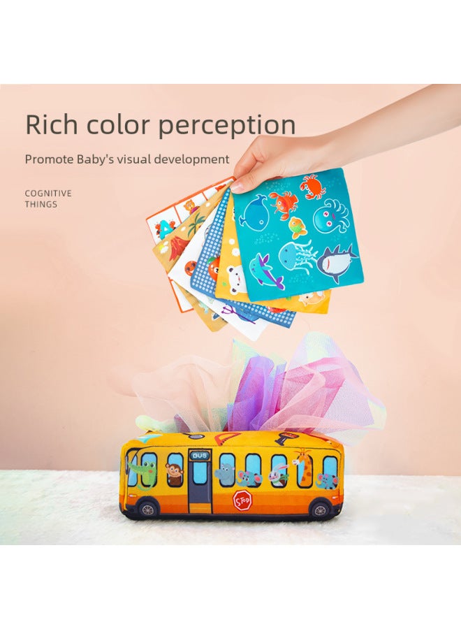 Baby's Tear Tissue Box Paper Tipping Toy Baby Learning Finger Paper Tipping Exercise Soothing Early Education Cloth Book-Color:Blue Bus Model +3 Ringing Paper Square Towel +10 Gauze Towel - Image 5