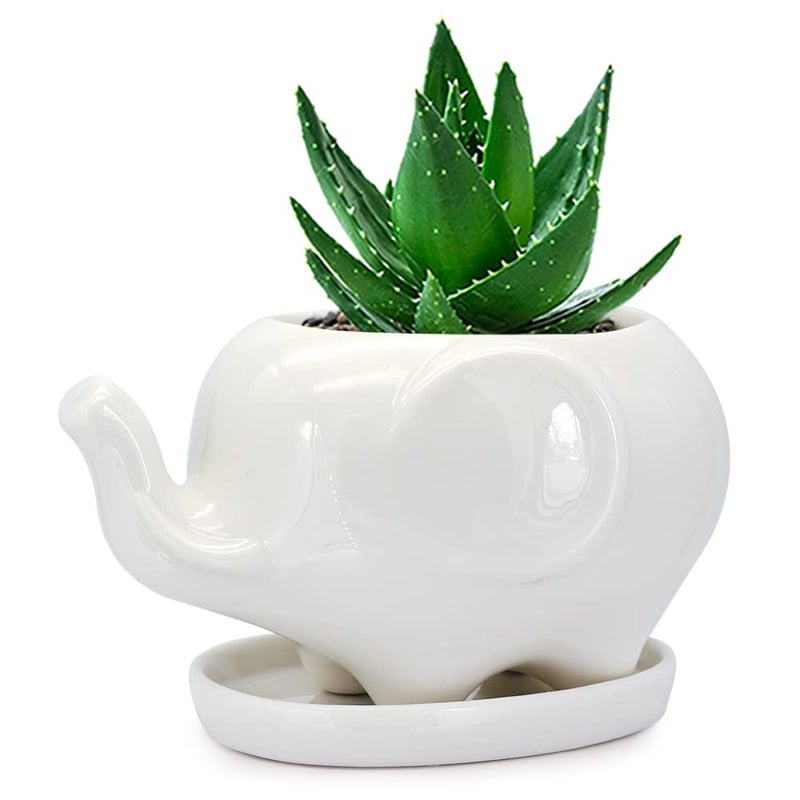 GeLive White Elephant Succulent Planter Ceramic Plant Pot Window Box with Saucer Animal Indoor Tabletop Decor Fun Gift 5 Inch Mom Elephant