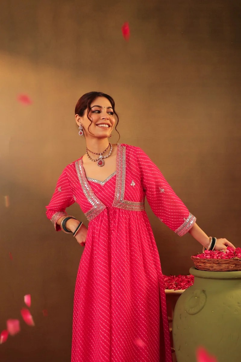 Viny Viny Women's Bandhani Print Suit Set – Mirror Embroidered Empire Waist Kurta with Pants – Ramadan & Eid – Fuchsia – Indian Ethnic Wear