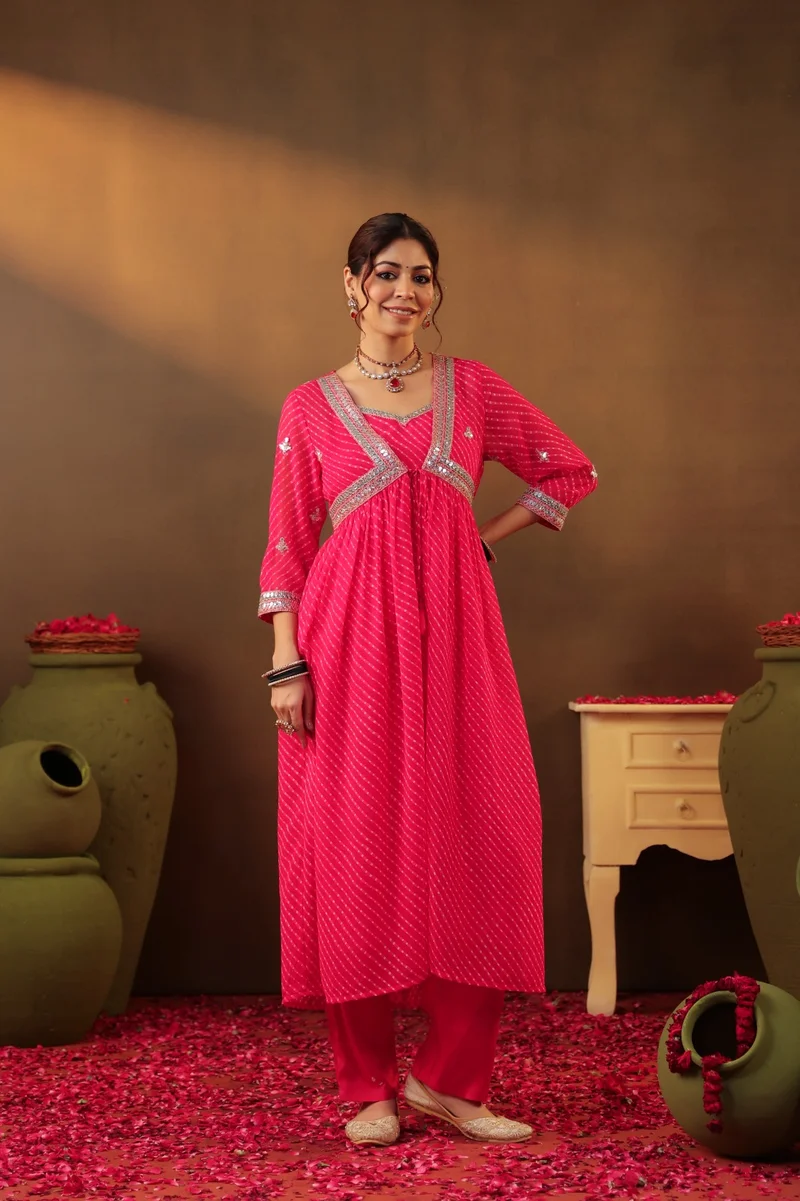 Viny Viny Women's Bandhani Print Suit Set – Mirror Embroidered Empire Waist Kurta with Pants – Ramadan & Eid – Fuchsia – Indian Ethnic Wear