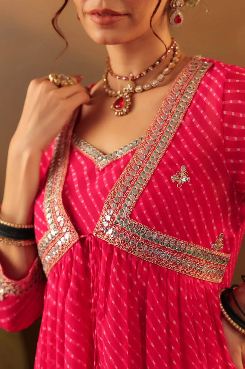 Viny  Viny Women's Bandhani Print Suit Set – Mirror Embroidered Empire Waist Kurta with Pants – Ramadan & Eid – Fuchsia – Indian Ethnic Wear for Women | Best Price UAE