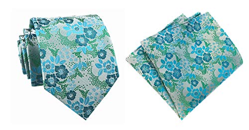 Elfeves Men Cyan Blue Green Tie Towel Set Floral Woven Silk Formal Necktie for Gentleman - Image 3