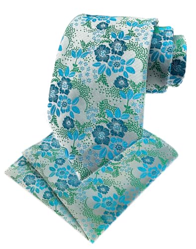 Elfeves Men Cyan Blue Green Tie Towel Set Floral Woven Silk Formal Necktie for Gentleman - Image 1