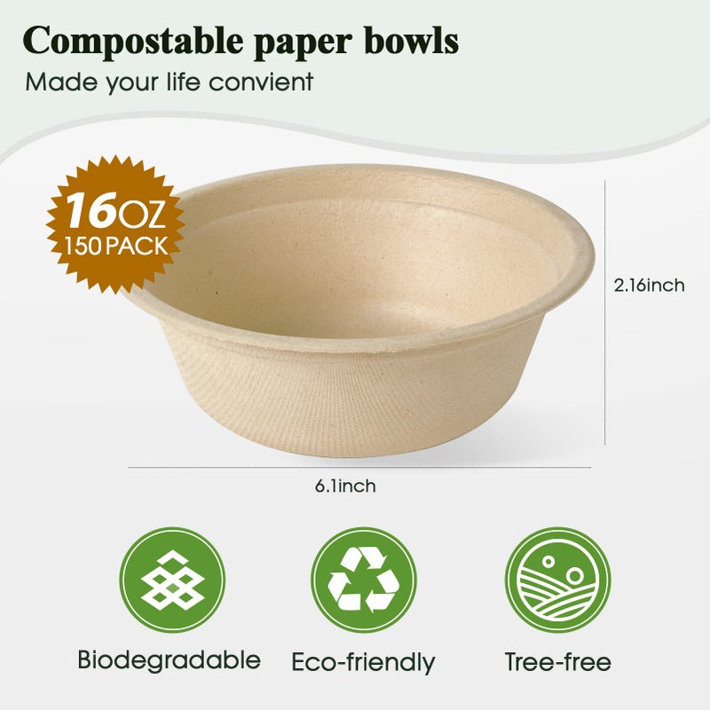 ECOLipak 150 Pack Compostable Disposable Paper Bowls  16 OZ Biodegradable Bagasse Eco-Friendly Sugarcane Soup Bowls for Salad Wheat Flakes(Nature) - Image 2
