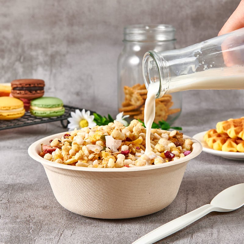 ECOLipak 150 Pack Compostable Disposable Paper Bowls  16 OZ Biodegradable Bagasse Eco-Friendly Sugarcane Soup Bowls for Salad Wheat Flakes(Nature) - Image 3