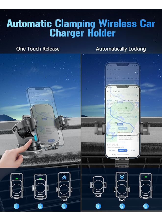 KASTWAVE Fast Wireless Car Charger & Phone Holder, 3-In-1 Auto Clamping Mount For Iphone 15/14/13/12/11 & Samsung S23/S22/S21/S20/S10+/S9+/Note 9 - Black - Image 4