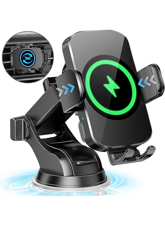 KASTWAVE Fast Wireless Car Charger & Phone Holder, 3-In-1 Auto Clamping Mount For Iphone 15/14/13/12/11 & Samsung S23/S22/S21/S20/S10+/S9+/Note 9 - Black - Image 1