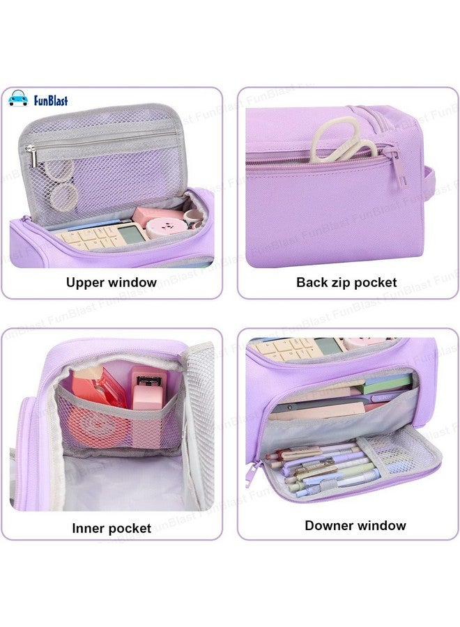 فنبلاست حافظة أقلام فن بلاست كبيرة السعة، حافظة أقلام محمولة متعددة الأغراض بسحاب، حقيبة أنيقة للفتيات، حافظة أقلام كاواي، حقائب لطيفة للفتيات، مجموعة منظم أدوات مكتبية (أرجواني) - Image 3