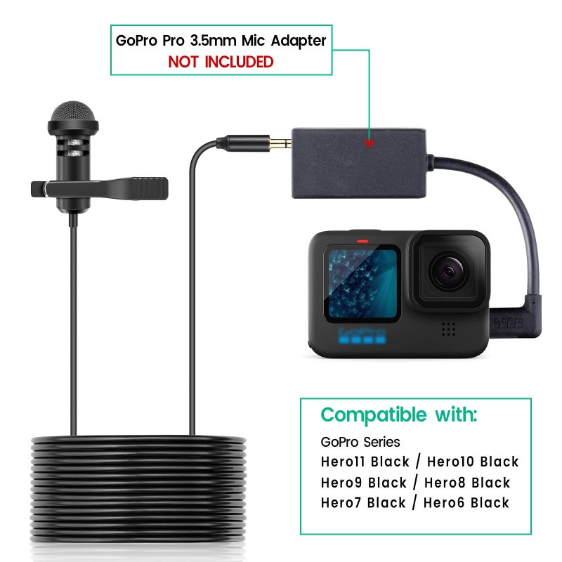weishan Lavalier Mic Compatible with GoPro HERO11 Black, HERO10ï¼ŒHERO9 Action Cameras, Media Mod, Max - Lapel Microphone 3.5mm, 10ft - Image 2