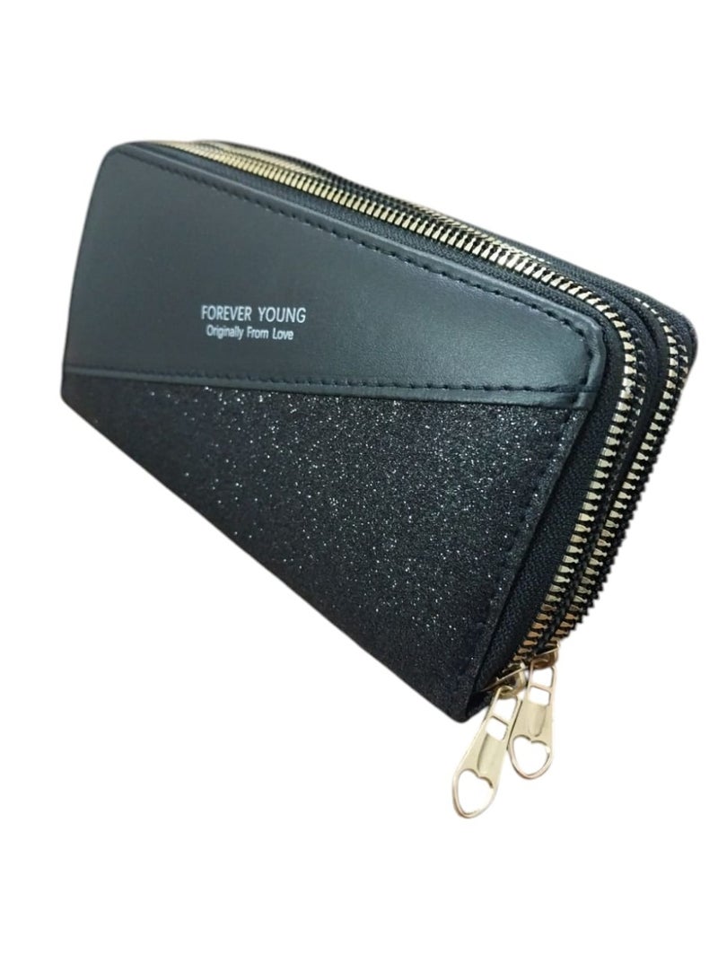 Elegant Long Evening Wallet – Half Glossy & Half Leather with Dual Zippers - Image 2