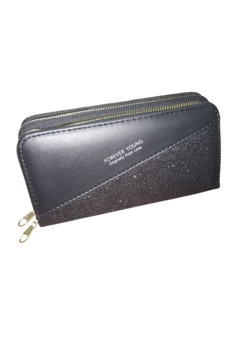Elegant Long Evening Wallet – Half Glossy & Half Leather with Dual Zippers - Image 1