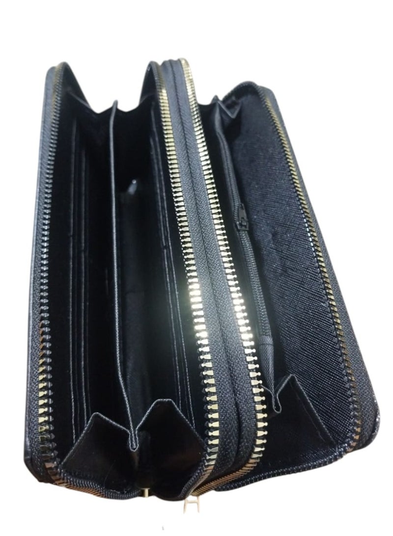 Elegant Long Evening Wallet – Half Glossy & Half Leather with Dual Zippers - Image 3