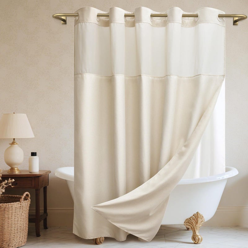 WONICY No Hook Cream Shower Curtain and Liner, Linen-Look Polyester Textured Shower Curtain with Snap in Liner, Waterproof & Washable Bath Curtains for Bathroom, 71Wx74H - Image 1