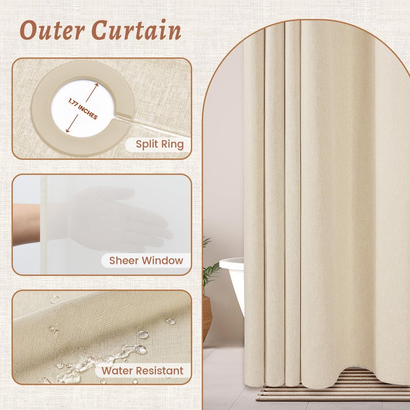 WONICY No Hook Cream Shower Curtain and Liner, Linen-Look Polyester Textured Shower Curtain with Snap in Liner, Waterproof & Washable Bath Curtains for Bathroom, 71Wx74H - Image 4