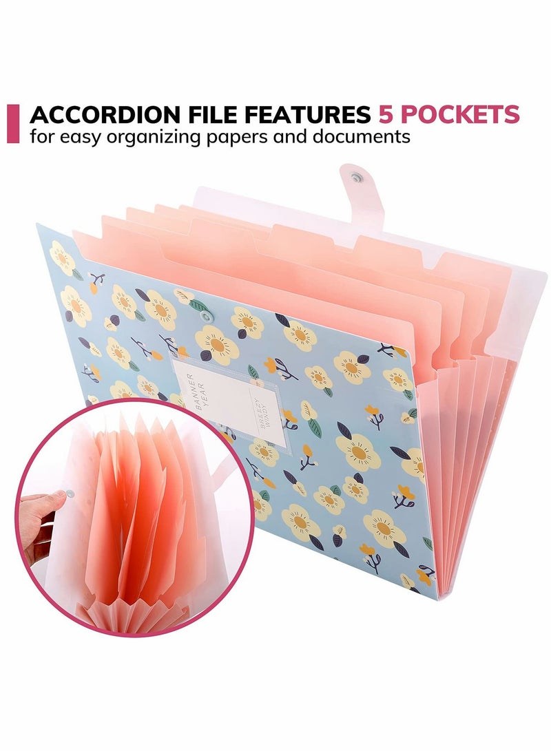 KASTWAVE 4 Pack A4 File Folder Expanding File Folder with 5 Pockets Floral Accordian File Orgsniser High Capacity for Home School Office(Green Blue Yellow Pink) - Image 2