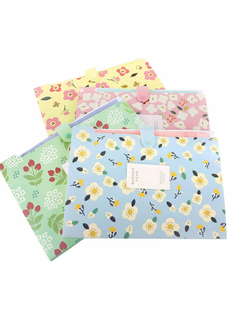 KASTWAVE 4 Pack A4 File Folder Expanding File Folder with 5 Pockets Floral Accordian File Orgsniser High Capacity for Home School Office(Green Blue Yellow Pink) - Image 5