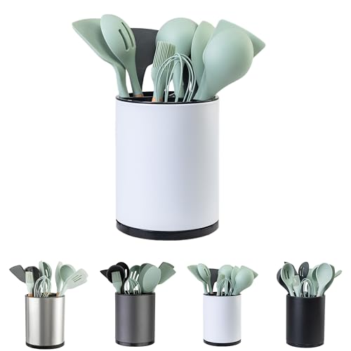 LIBODOUR Kitchen Utensil Holder Extra Large 360°Rotating For Counter Organizer Stainless Steel Storage Cooking Silverware Caddy 3 Compartment Flatware Spoon Spatula Tool Cutlery Container（White） - Image 1