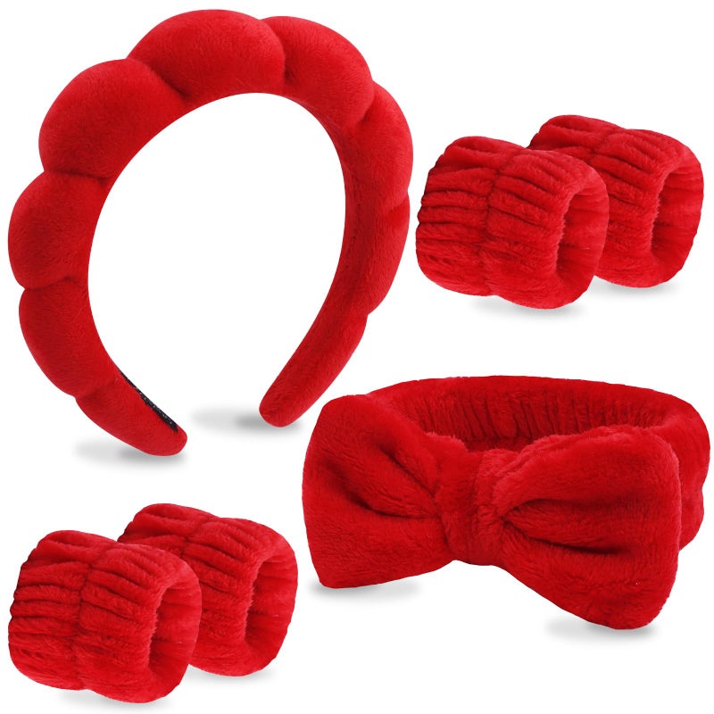 Velscrun 6 Pack Spa Headband Makeup Headband Face Wash Headbands Skincare Headbands Red Sponge Hair Band Bow Tie Spa Head Band for Washing Face Wristband Set Hair Accessories for Women Girls Gifts - Image 2