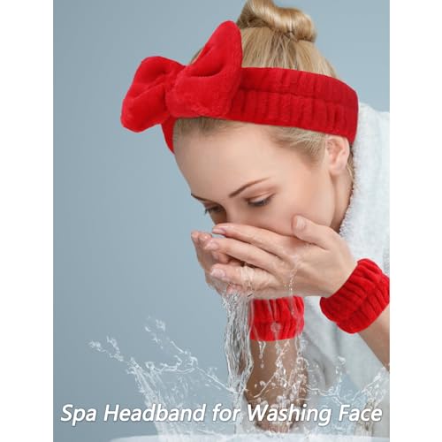 Velscrun 6 Pack Spa Headband Makeup Headband Face Wash Headbands Skincare Headbands Red Sponge Hair Band Bow Tie Spa Head Band for Washing Face Wristband Set Hair Accessories for Women Girls Gifts - Image 3