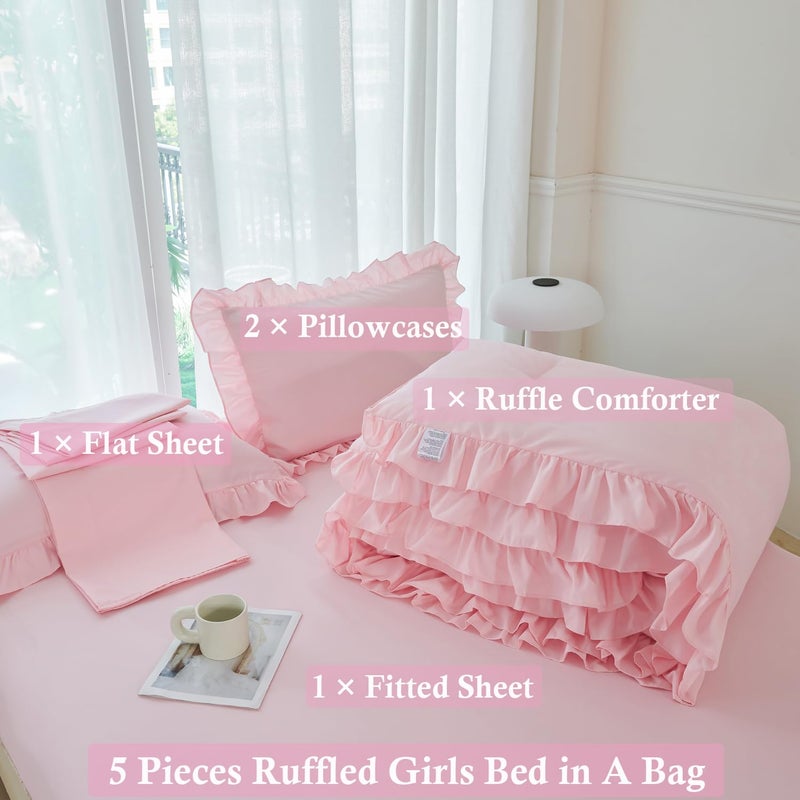 ANGIYUIN 5 Pieces Pink Twin Size Comforter Set for Girls Ruffled Kids Bed in A Bag with Sheet Sets Farmhouse Shabby Bedding Sets with Ruffle Soft Fluffy Bed Sets (Pink Twin) - Image 4