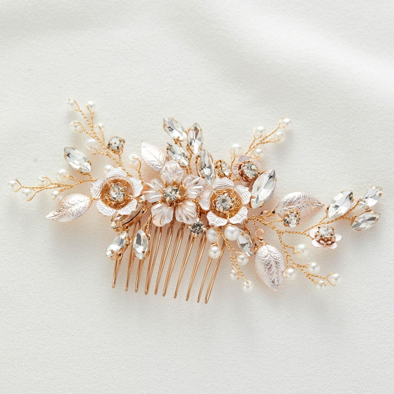 SWEETV Hair Comb, Handmade Rose Gold Bridal Hair Accessory for Weddings and Brides - 4.72 * 2.75 Inch, 2.Rose Gold - Image 1