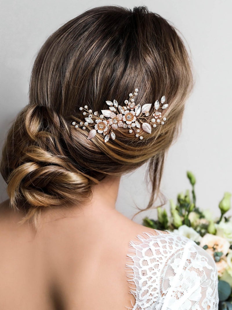 SWEETV Hair Comb, Handmade Rose Gold Bridal Hair Accessory for Weddings and Brides - 4.72 * 2.75 Inch, 2.Rose Gold - Image 2