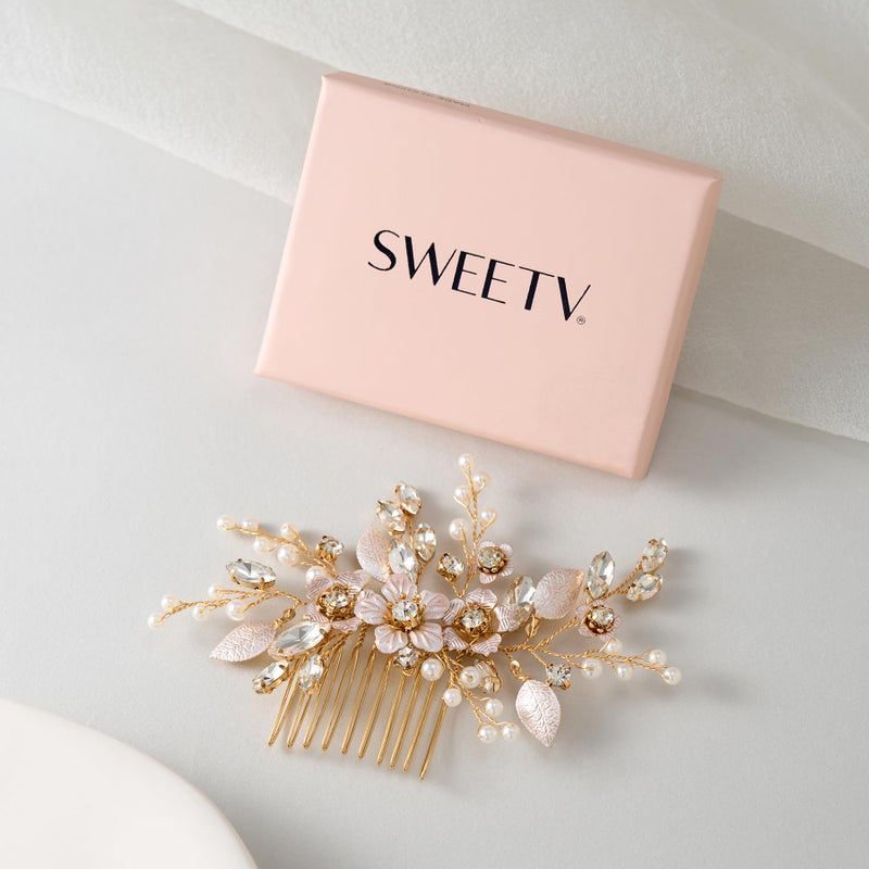 SWEETV Hair Comb, Handmade Rose Gold Bridal Hair Accessory for Weddings and Brides - 4.72 * 2.75 Inch, 2.Rose Gold - Image 5