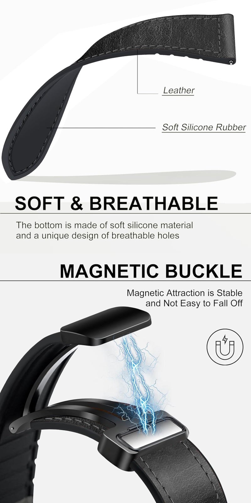 ACM Watch Strap Leather Magnetic Silicone 20mm compatible with Garmin Vivomove Smartwatch Belt Luxury Band Black - Image 4