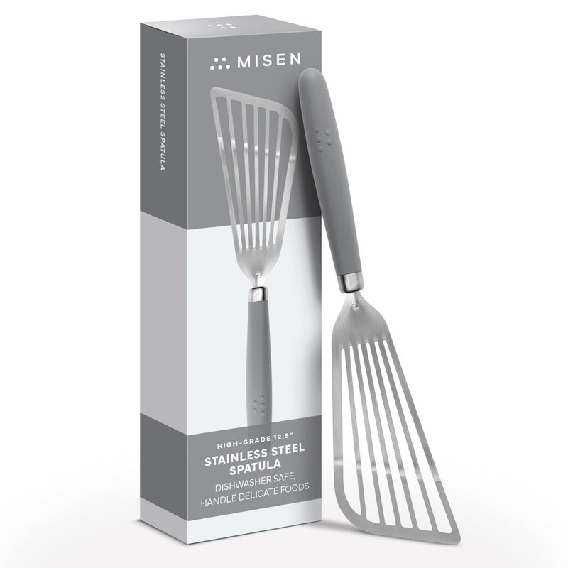 Misen Fish Stainless Steel Spatula  Slotted Turner for Cooking  Perfect for Frying  Heat Resistant  Dishwasher Safe 1mm Thick Flexible Flipper  Soft Silicone Grip Handle for Easy Use