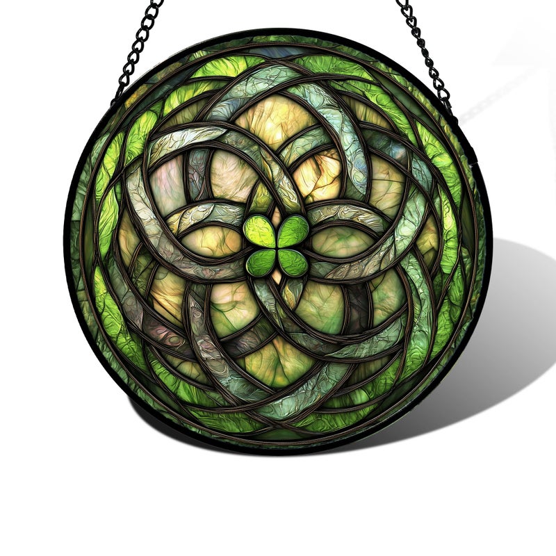 DASTOLL Stained Glass Window Hanging, Abstract Green Clover Sun Catchers Colorful Glass Panel Bless Suncatcher Decor for Birthday for Women, Men, Wife, Aunt, and Mom 6.3 in - Image 1