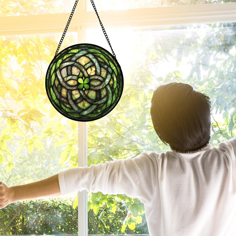 DASTOLL Stained Glass Window Hanging, Abstract Green Clover Sun Catchers Colorful Glass Panel Bless Suncatcher Decor for Birthday for Women, Men, Wife, Aunt, and Mom 6.3 in - Image 2