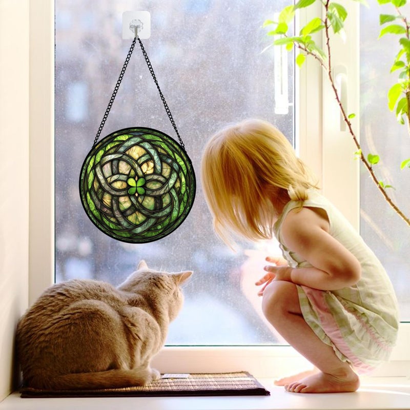 DASTOLL Stained Glass Window Hanging, Abstract Green Clover Sun Catchers Colorful Glass Panel Bless Suncatcher Decor for Birthday for Women, Men, Wife, Aunt, and Mom 6.3 in - Image 3