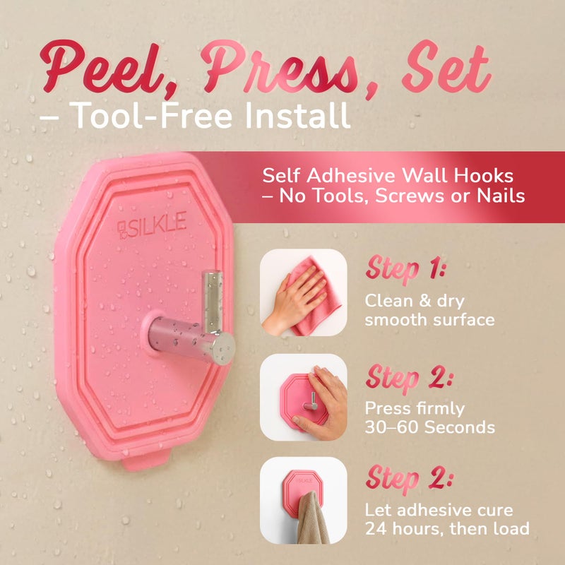 SILKLE Adhesive Silicone Shower Hooks - Adhesive Wall Hooks & Towel Holder for Bathroom, Tile, Glass, No-Drill, Waterproof & Rustproof, Heavy-Duty Stainless Steel, Damage-Free Removal - 2 Pack, Pink - Image 4