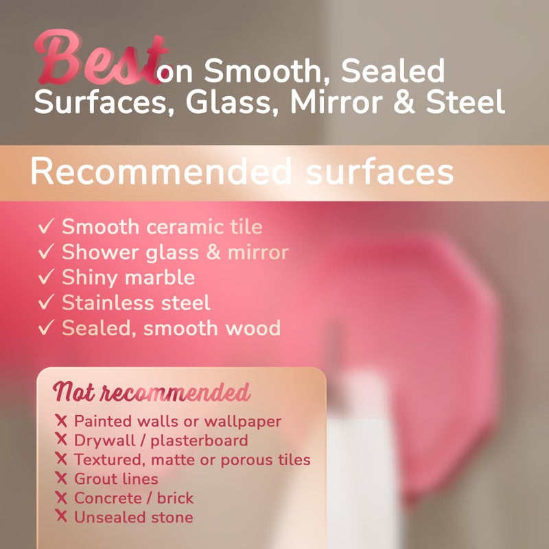 SILKLE Adhesive Silicone Shower Hooks - Adhesive Wall Hooks & Towel Holder for Bathroom, Tile, Glass, No-Drill, Waterproof & Rustproof, Heavy-Duty Stainless Steel, Damage-Free Removal - 2 Pack, Pink - Image 5