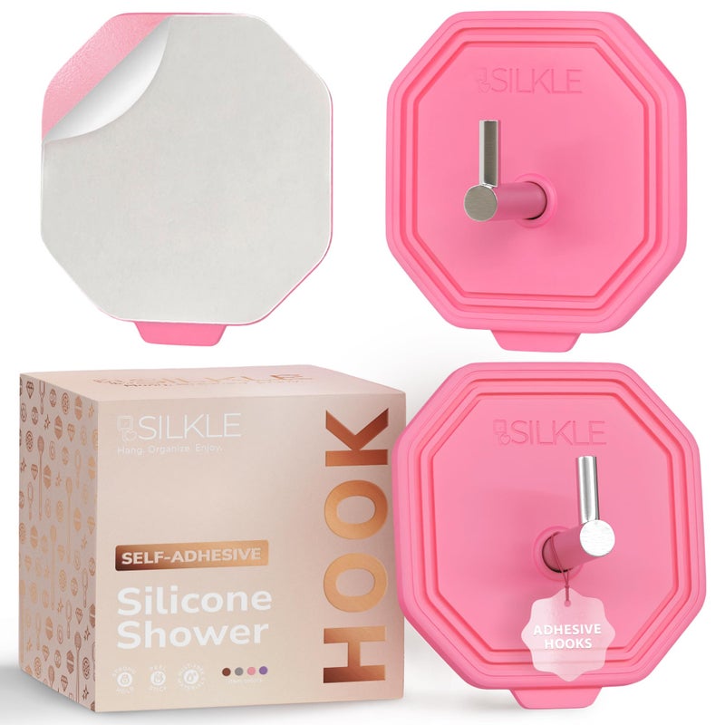 SILKLE Adhesive Silicone Shower Hooks - Adhesive Wall Hooks & Towel Holder for Bathroom, Tile, Glass, No-Drill, Waterproof & Rustproof, Heavy-Duty Stainless Steel, Damage-Free Removal - 2 Pack, Pink - Image 1